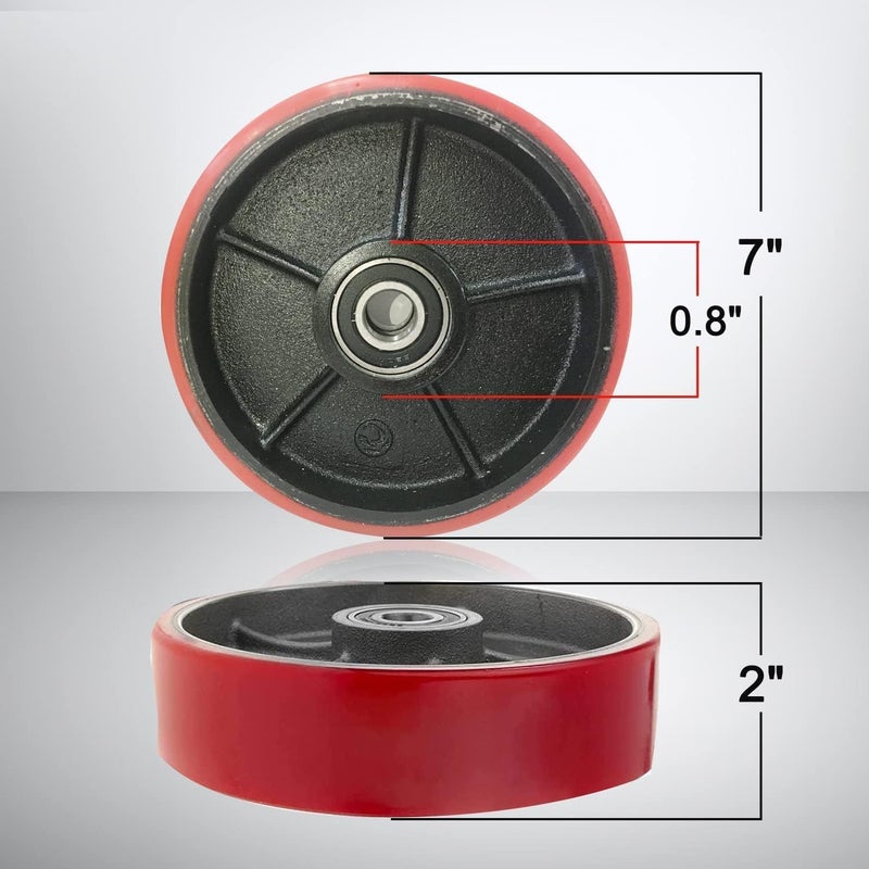 Legines Pallet Jack/Truck Steering Wheels Set with Axle, Fasteners and Protective Caps (2 pcs) 7" x 2" with Bearings ID 20mm Poly Tread With Tools （Red） - Image 2